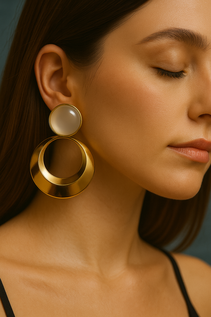 Gold and white geometric dangle earrings, sleek minimalist fashion accessories, contemporary design