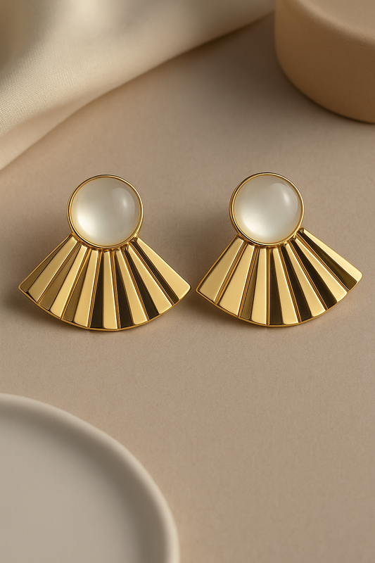 Gold fan-shaped stud earrings with white pearl or enamel cabochon, art deco inspired jewelry