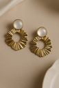 Gold fluted ruffled hoop earrings with white pearl or enamel stud top, elegant modern statement jewelry