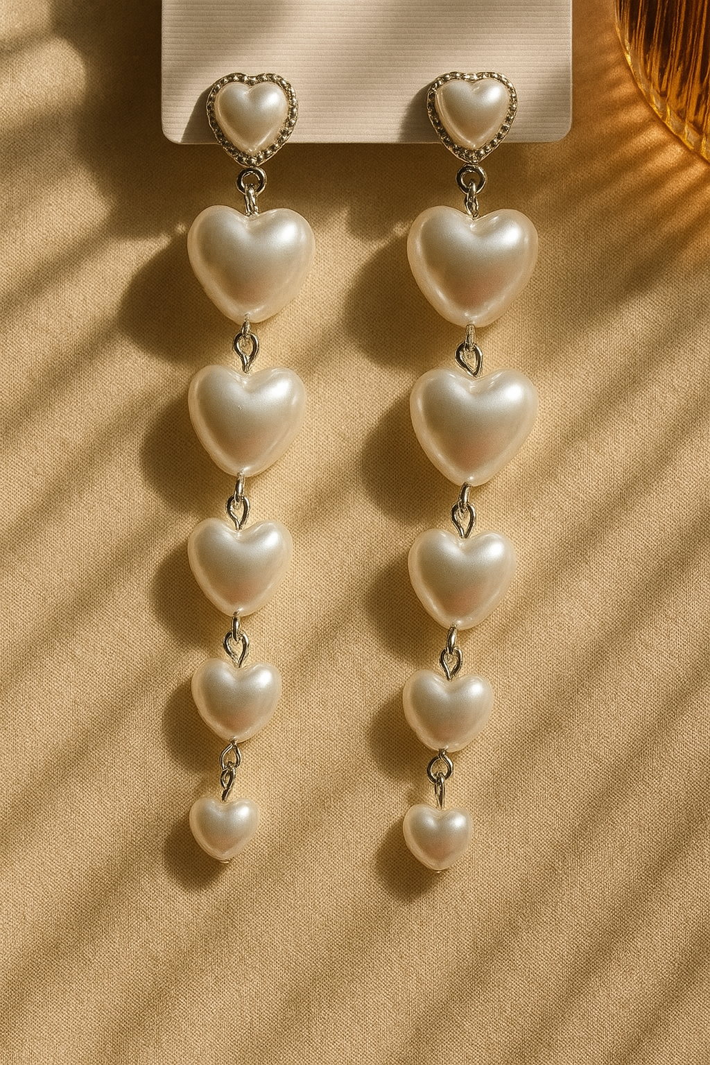 Romantic Gold Heart Drop Earrings | Graduated White Heart Pearl Dangles | Sweet Fashion Jewelry by Kurlywurly