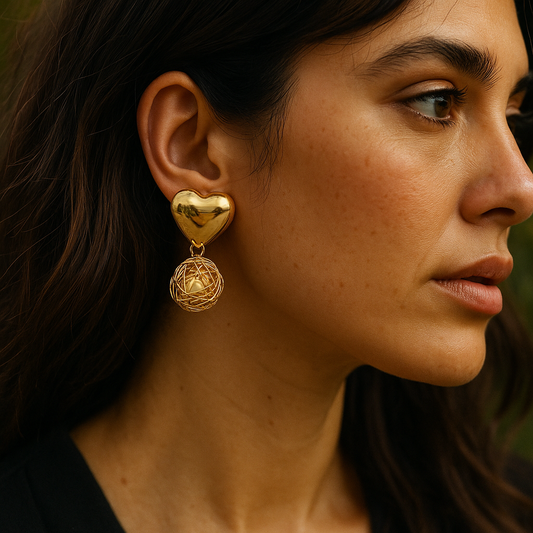 Gold heart drop earrings with wire-wrapped pearl orb – statement fashion jewelry for women