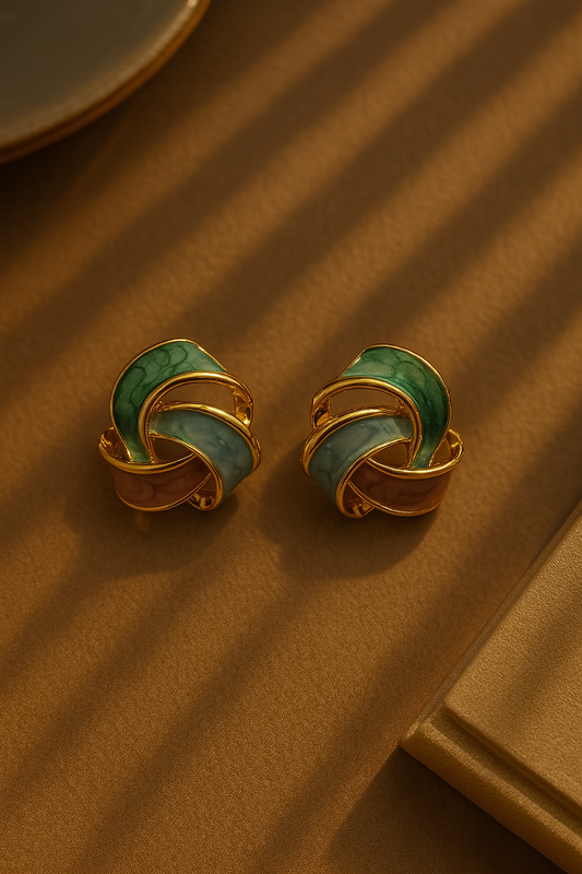 Chic gold-trimmed enamel knot earrings featuring forest-inspired hues – perfect for festive, office, or casual wear