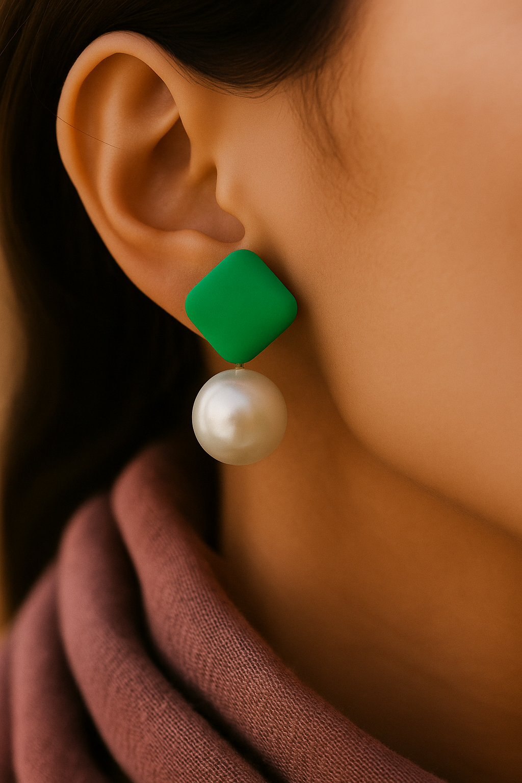 Green matte square stud with white pearl drop earring worn by model – modern statement jewelry for women
