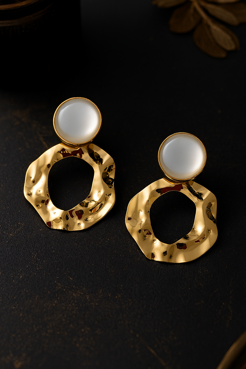 Hammered gold irregular hoop earrings with white enamel or pearl stud top, modern statement jewelry