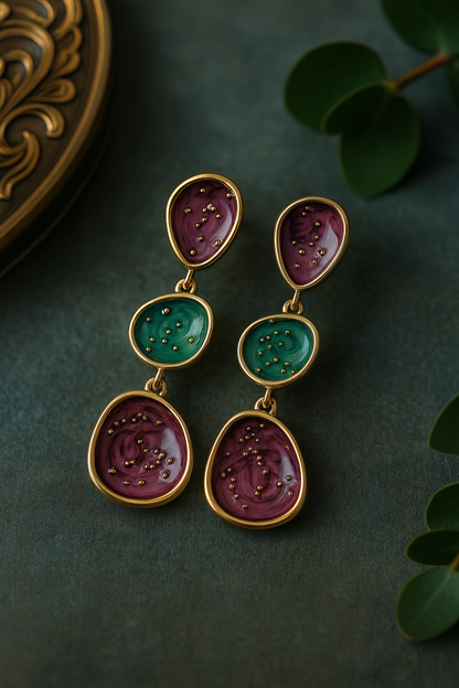 Handcrafted Meena enamel drop earrings in maroon and green – gold-plated statement jewelry for festive wear