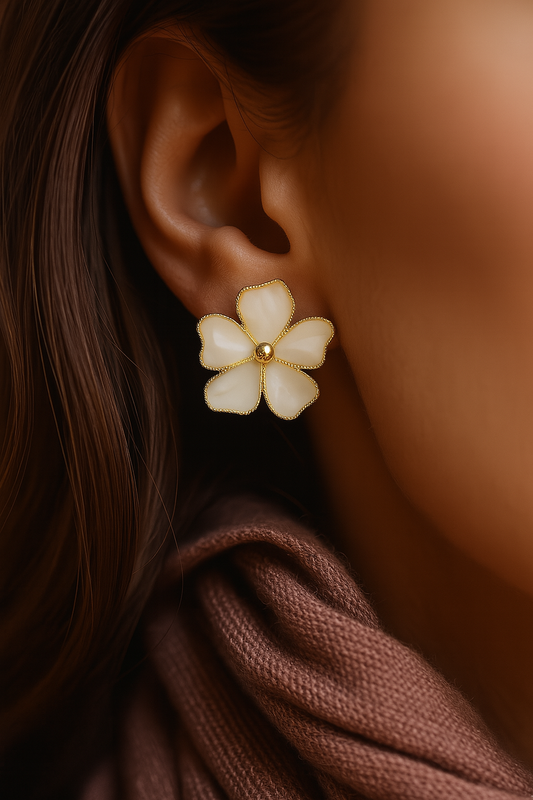 Handmade Meenakari 5-petal white flower earrings with gold outline – lightweight ethnic statement studs