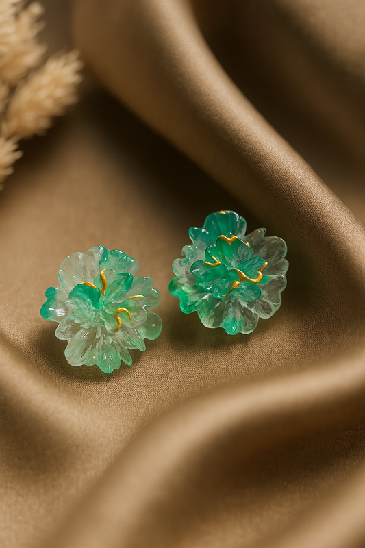 Handmade green resin ice flower stud earrings – translucent floral design with gold detailing for women
