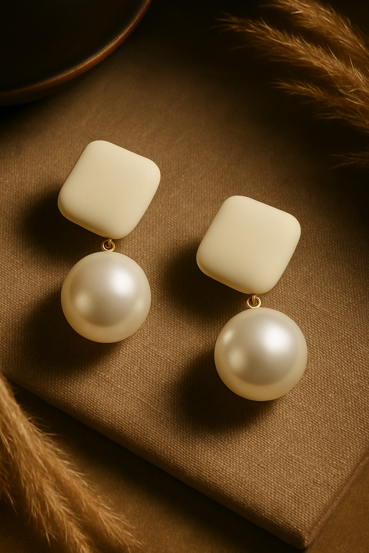 Handmade ivory square stud earrings with glossy pearl drops – minimal statement earrings for women