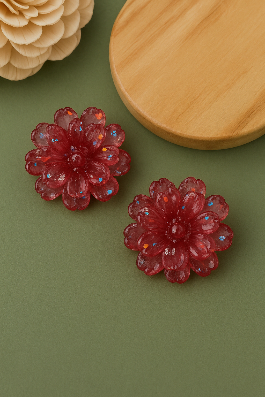 Handmade red resin flower earrings with confetti sparkle – bold statement floral studs for women
