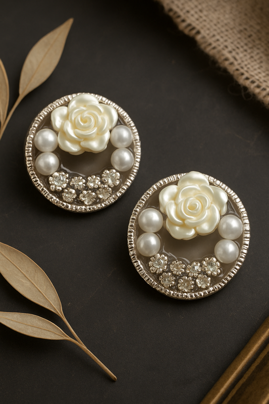 Handmade round stud earrings with pearl rose centerpiece, crystal accents, and faux pearls