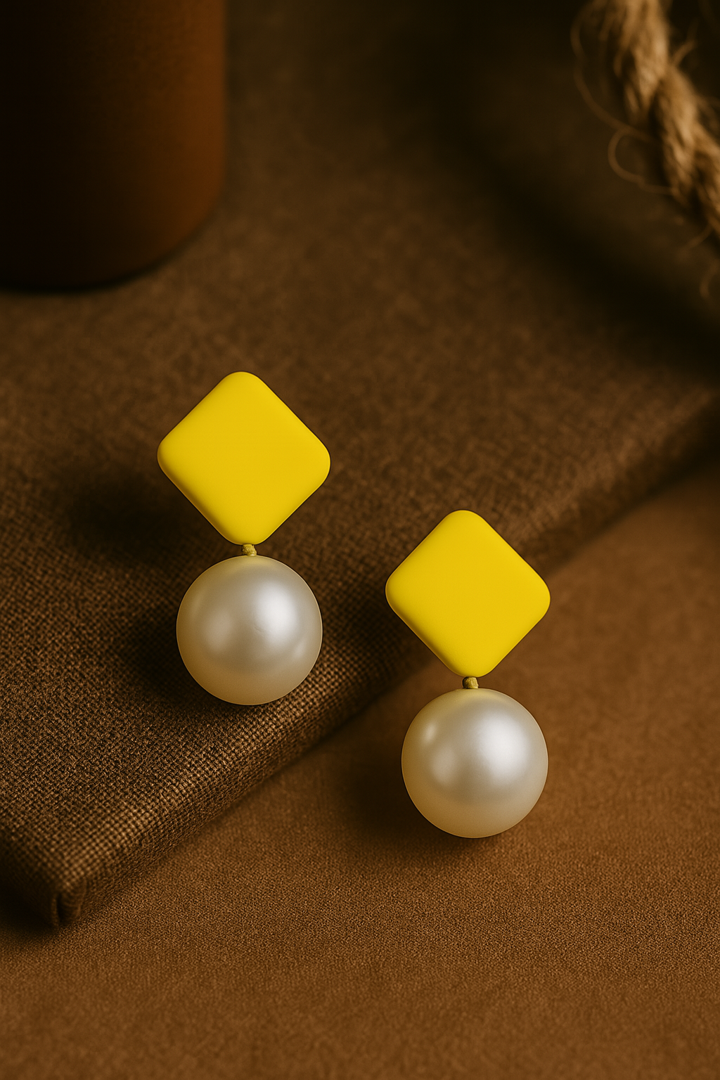 Handmade yellow diamond stud pearl drop earrings – bold polymer clay and faux pearl jewelry