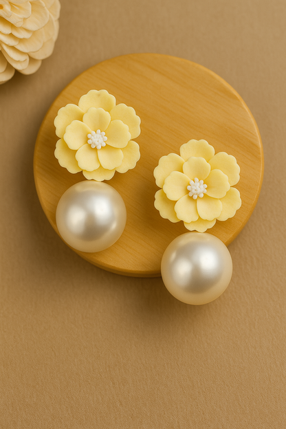 Handmade yellow floral polymer clay earrings with pearl drops – lightweight statement jewelry for women