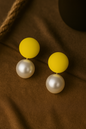 Handmade yellow stud pearl drop earrings – bold polymer clay earrings for women