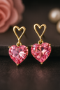 Heart-shaped pink crystal hanging earrings – shiny gold-plated romantic dangles for women and girls