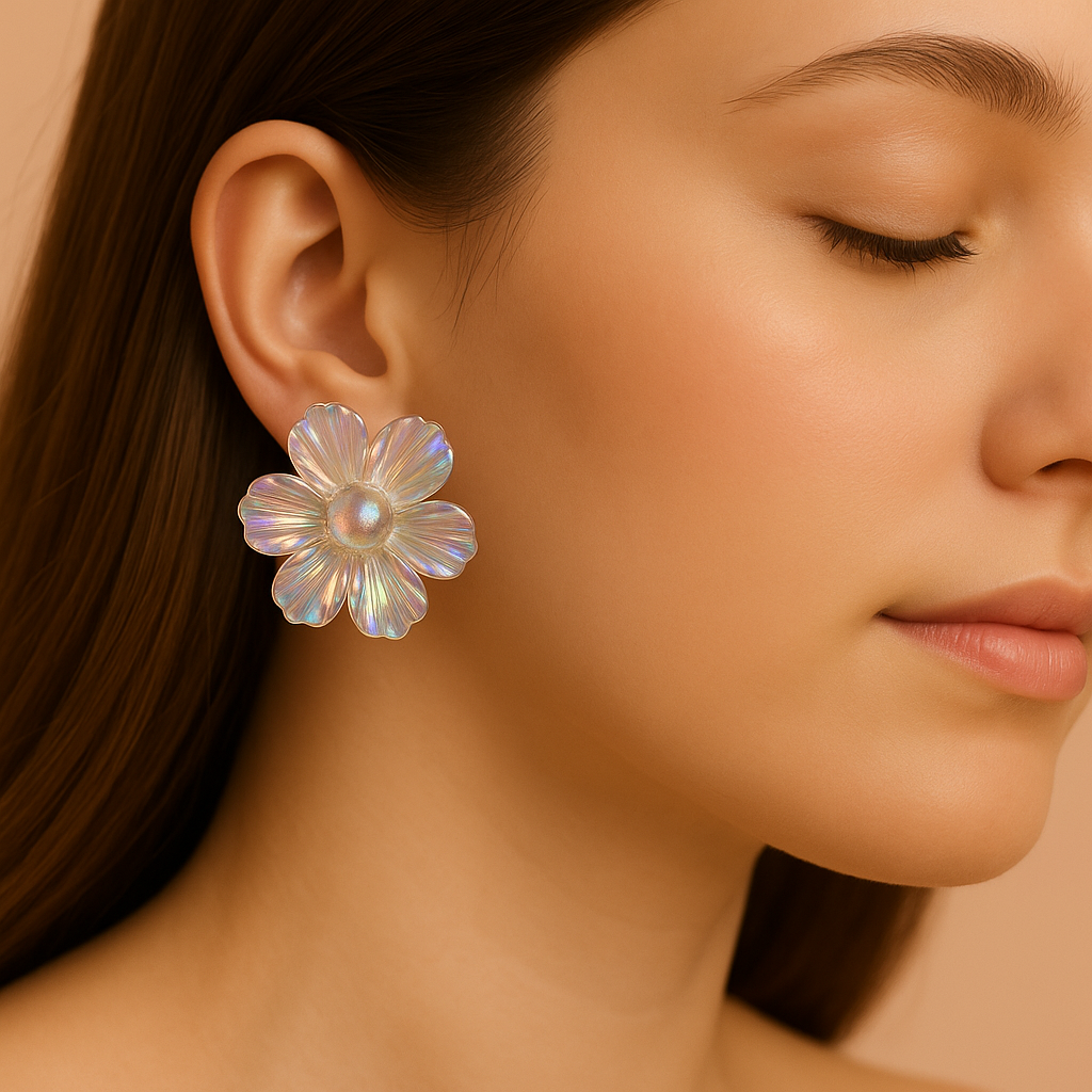 Holographic daisy flower earrings, modern clear resin floral studs, trendy fashion accessories