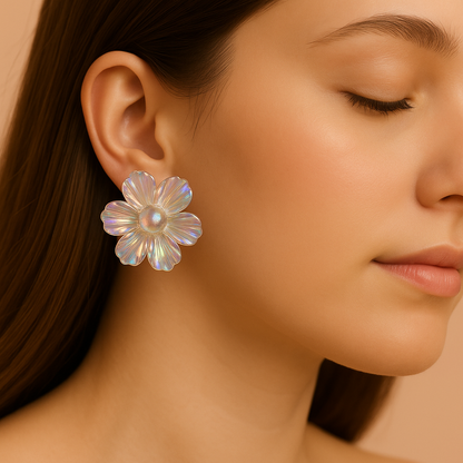 Holographic daisy flower earrings, modern clear resin floral studs, trendy fashion accessories