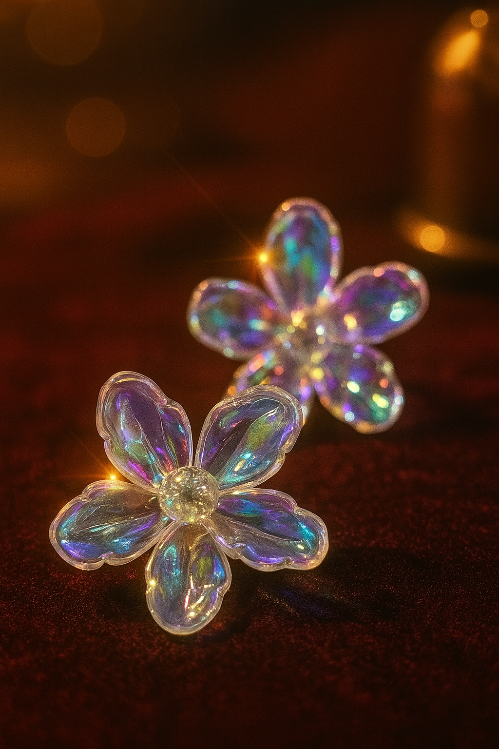 Holographic transparent flower earrings, reflective acrylic floral studs, vibrant fashion accessory