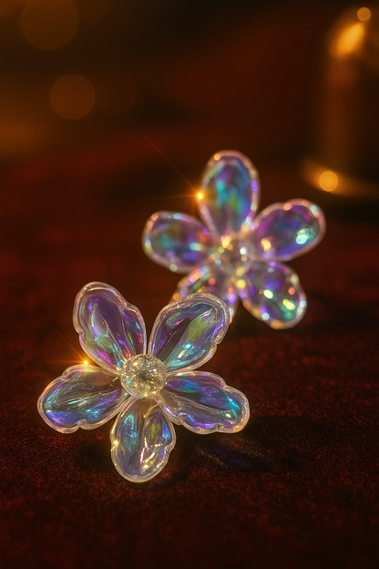 Holographic transparent flower earrings, reflective acrylic floral studs, vibrant fashion accessory