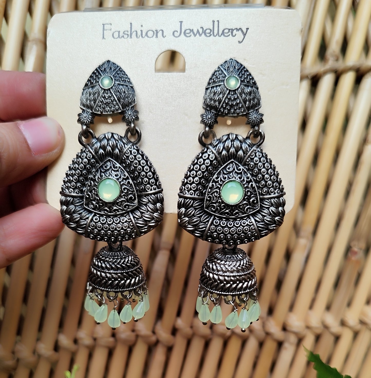 Beautiful Pastel Light Green Gemstone Oxidized Silver-Tone Jhumka Earrings