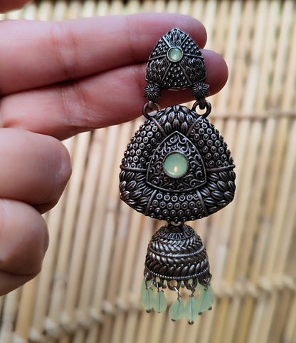 Beautiful Pastel Light Green Gemstone Oxidized Silver-Tone Jhumka Earrings
