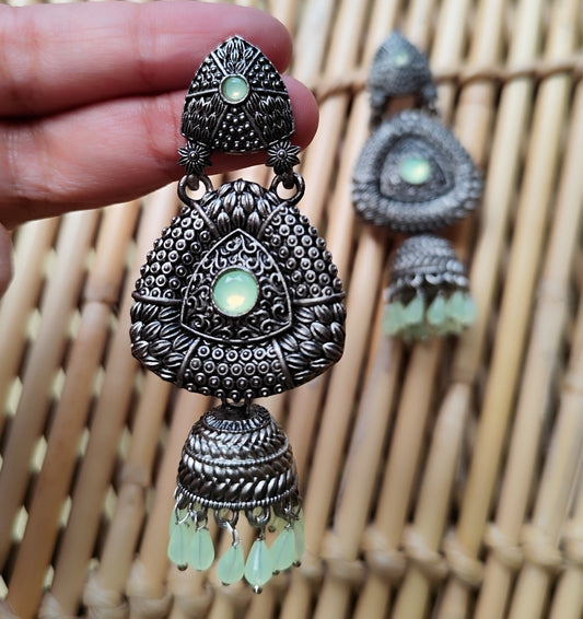 Beautiful Pastel Light Green Gemstone Oxidized Silver-Tone Jhumka Earrings