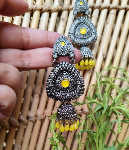 Radiant Yellow Gemstone Oxidized Silver-Tone Jhumka Earrings