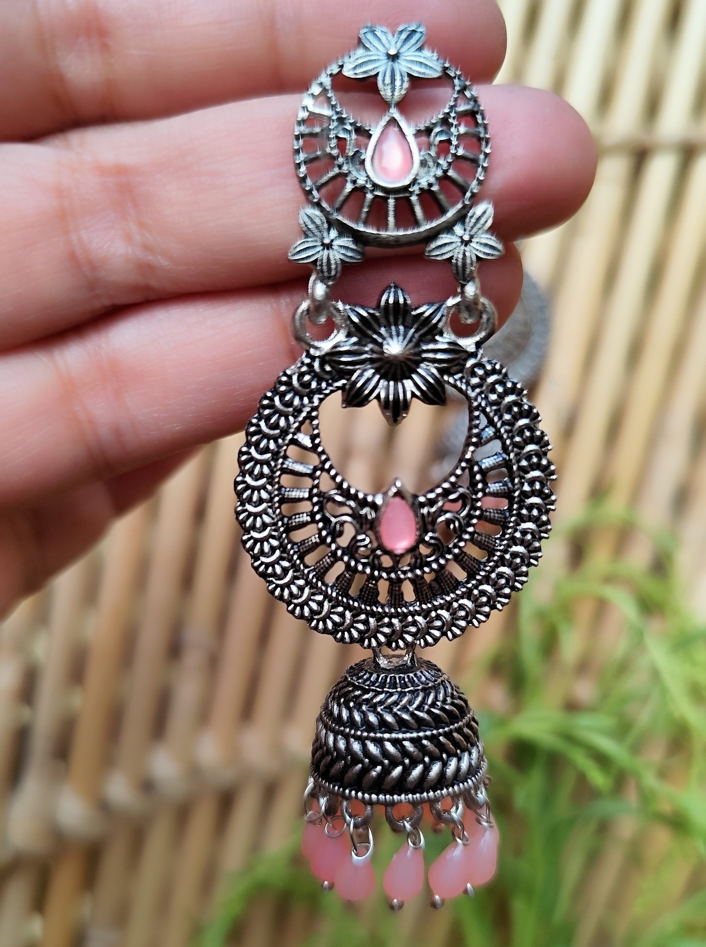 Radiant Pastel Pink Gemstone Oxidized Silver-Tone Jhumka Earrings