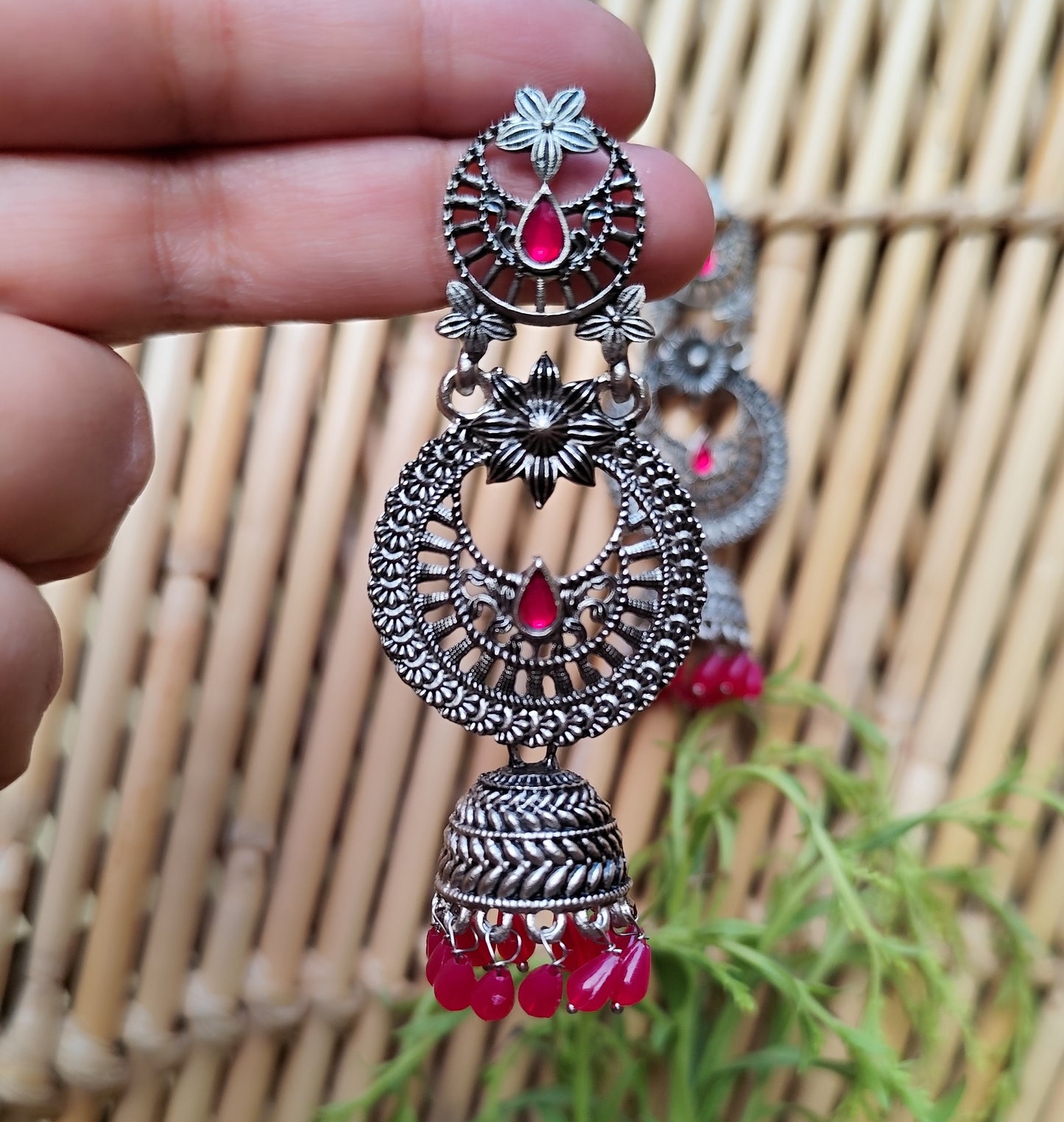 Elegant Pastel Dark Pink Gemstone Oxidized Silver-Tone Jhumka Earrings