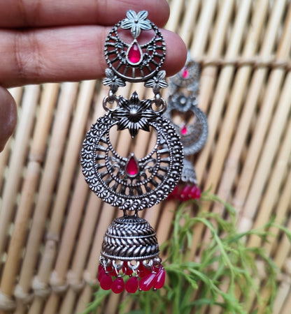 Elegant Pastel Dark Pink Gemstone Oxidized Silver-Tone Jhumka Earrings