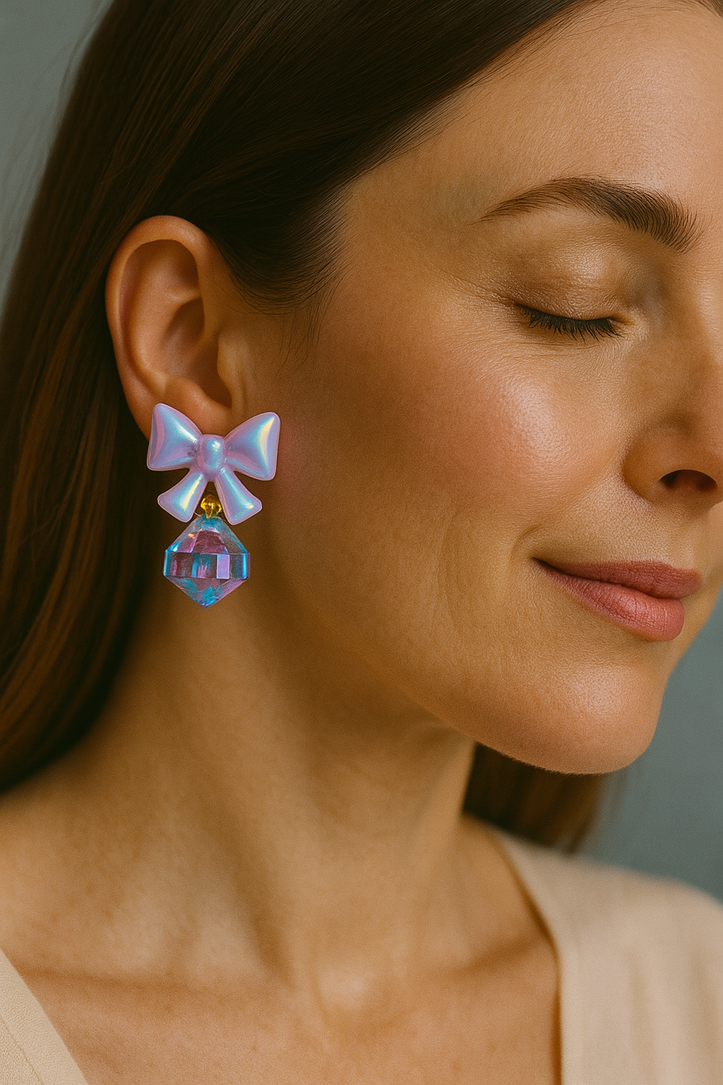Iridescent Bow Drop Earrings with Blue Faceted Crystals - Unique & Stylish Statement Jewelry