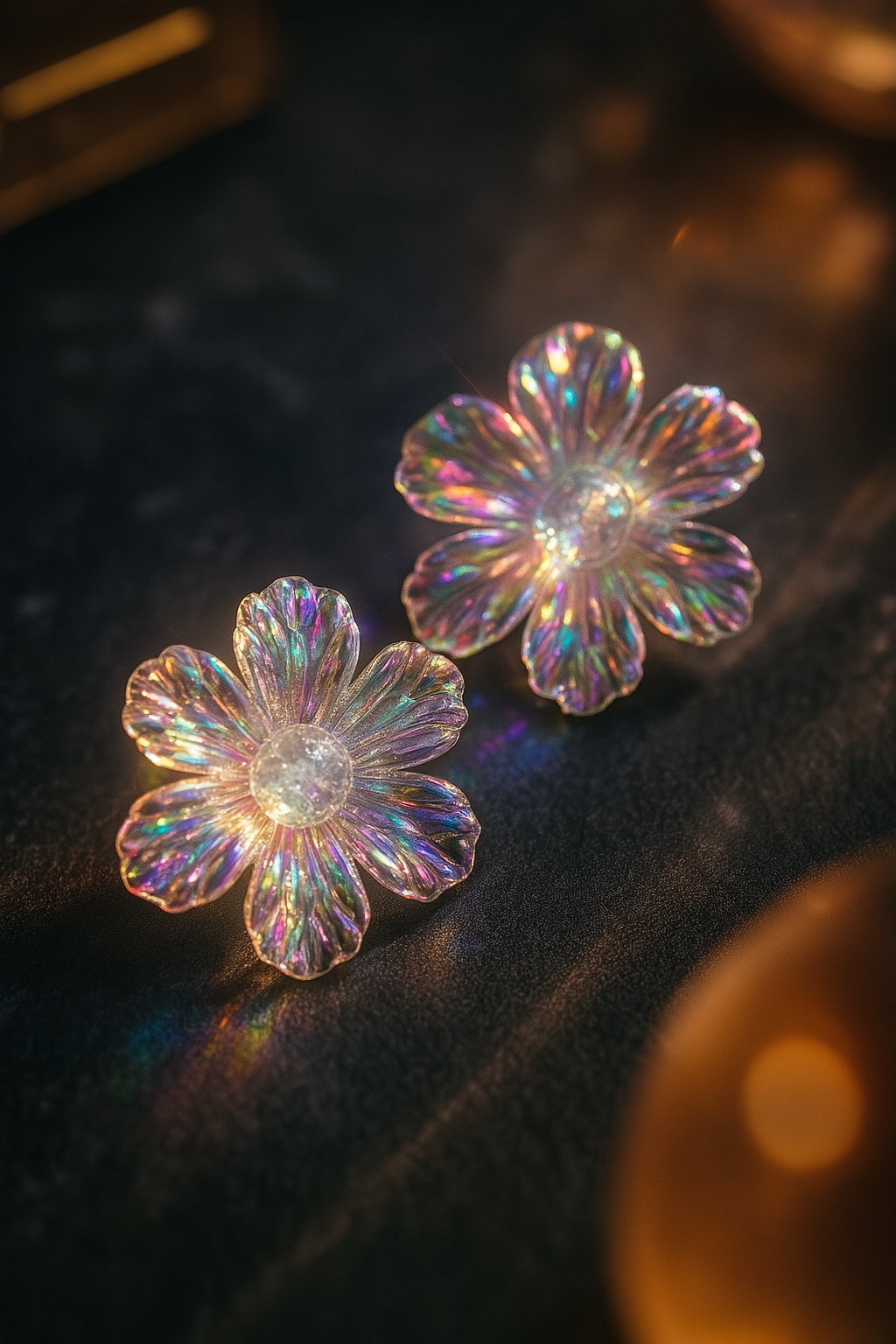 Iridescent clear flower stud earrings with a pearl center, whimsical floral jewelry for women