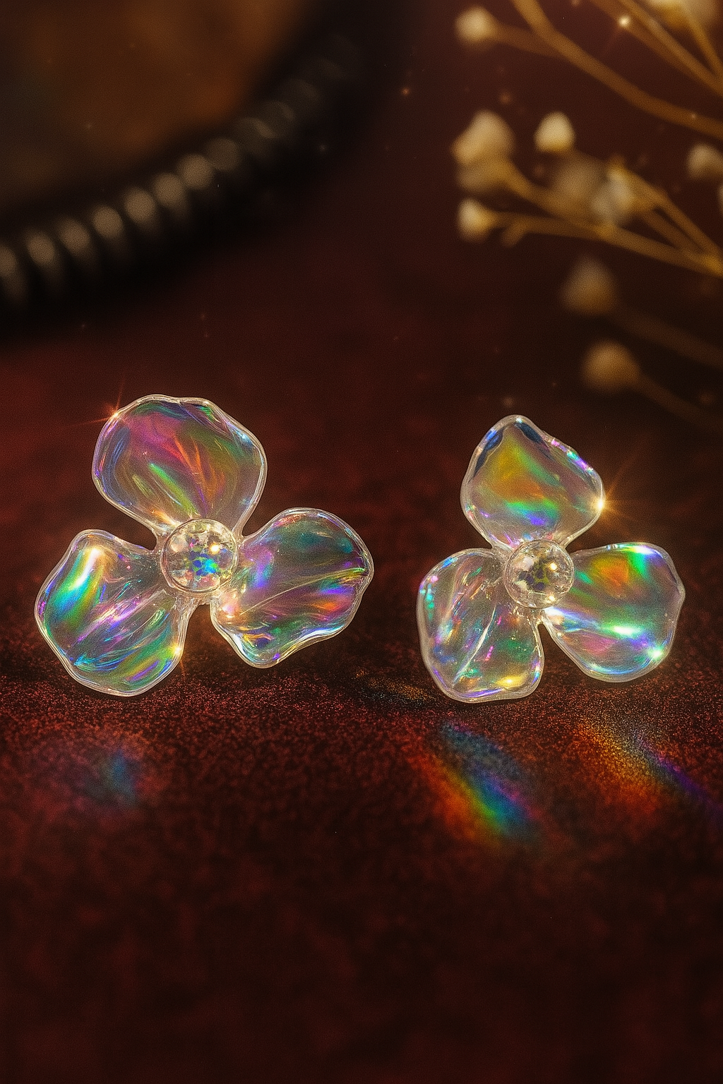 Iridescent clear flower stud earrings with a sparkling central bead, whimsical fashion jewelry for women