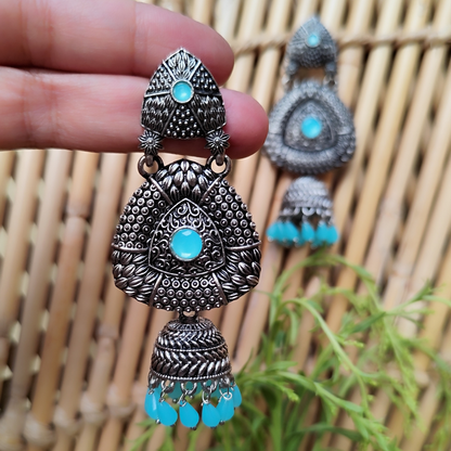Vibrant Pastel Teal Green Gemstone Oxidized Silver-Tone Jhumka Earrings
