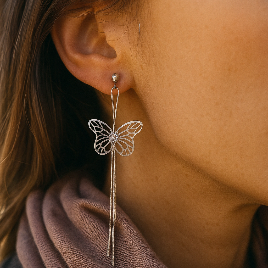 Lightweight anti-tarnish silver earrings with cutout butterfly charm and crystal embellishment.