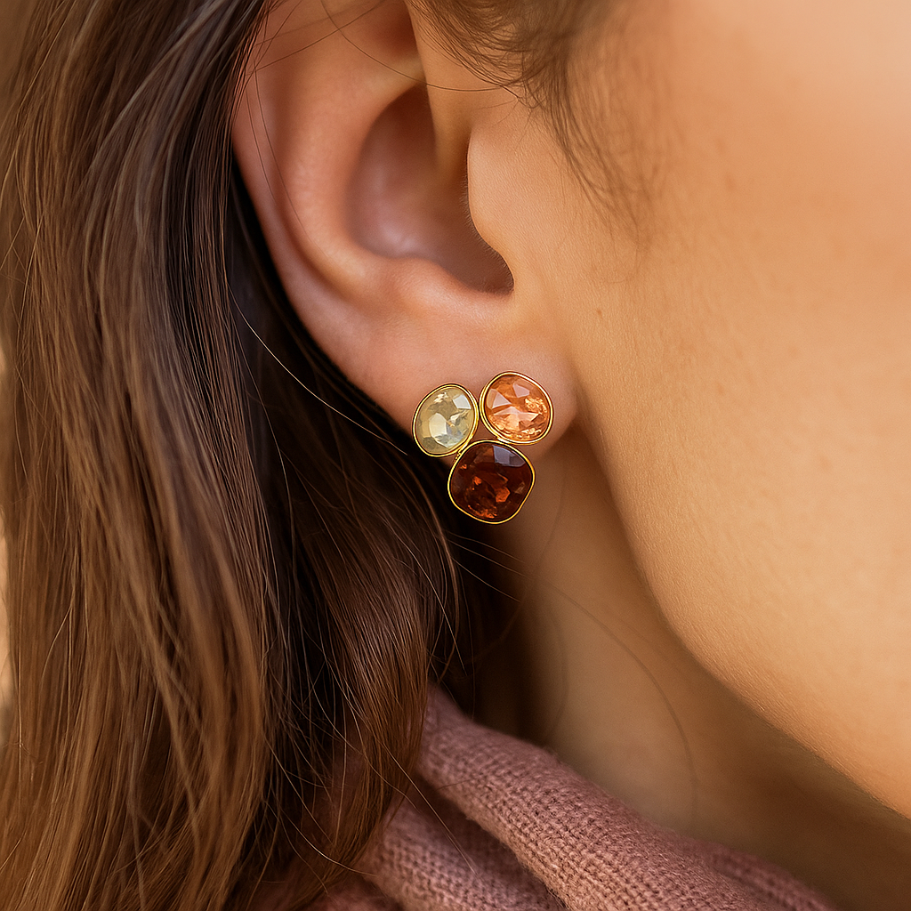 Luxury handcrafted gold-plated earrings with faceted amber, rose, and clear stones for women