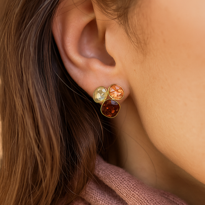 Luxury handcrafted gold-plated earrings with faceted amber, rose, and clear stones for women