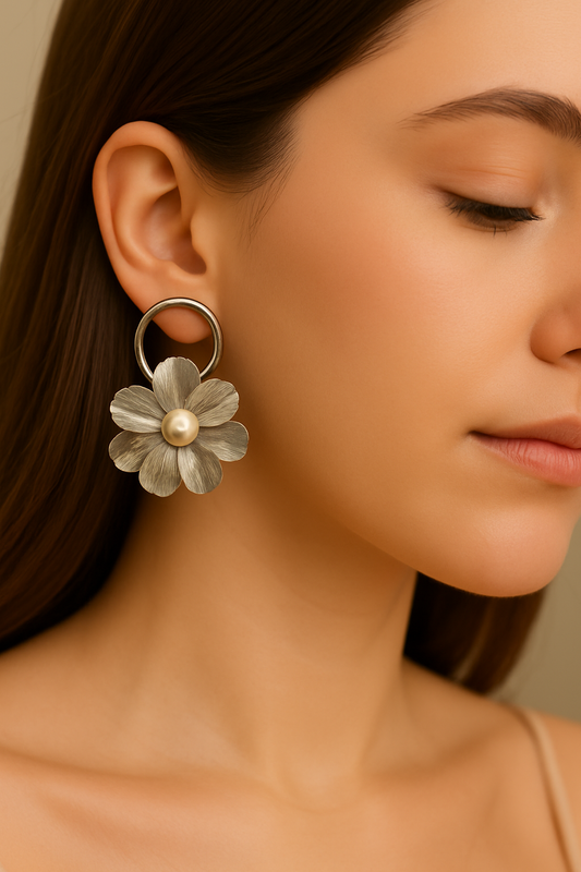 Luxury silver flower earrings with textured petals and pearl detailing, stylish statement accessories for weddings, Rakhi, and ethnic fashion