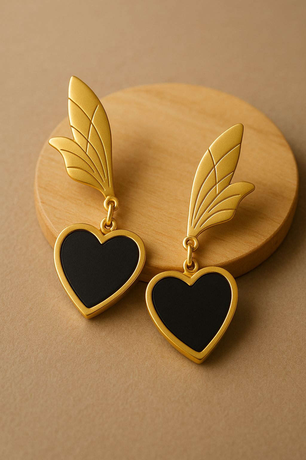 Matte gold anti-tarnish earrings with black heart drop and wing-inspired top design.