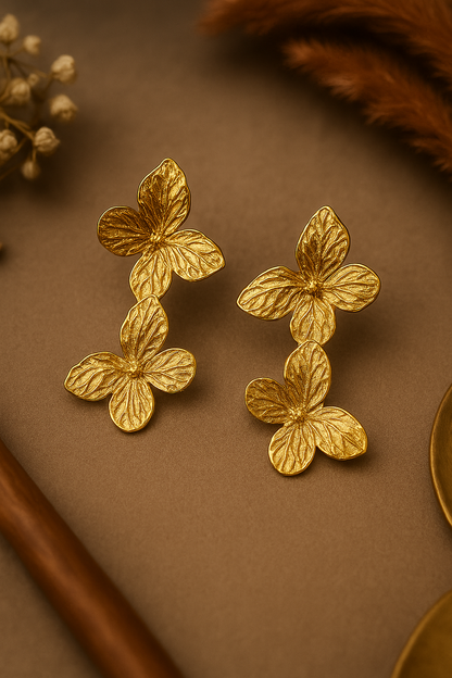 Textured gold double butterfly dangle earrings, layered insect motif jewelry for women