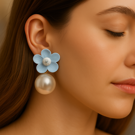 Matte light blue acrylic flower earrings with faux pearl dangle, cute spring fashion accessories