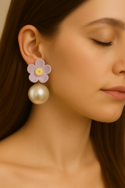Matte purple acrylic flower earrings with faux pearl dangle, cute spring fashion accessories