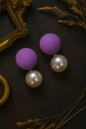 Matte purple stud earrings with white pearl drop – bold handcrafted statement jewelry for women