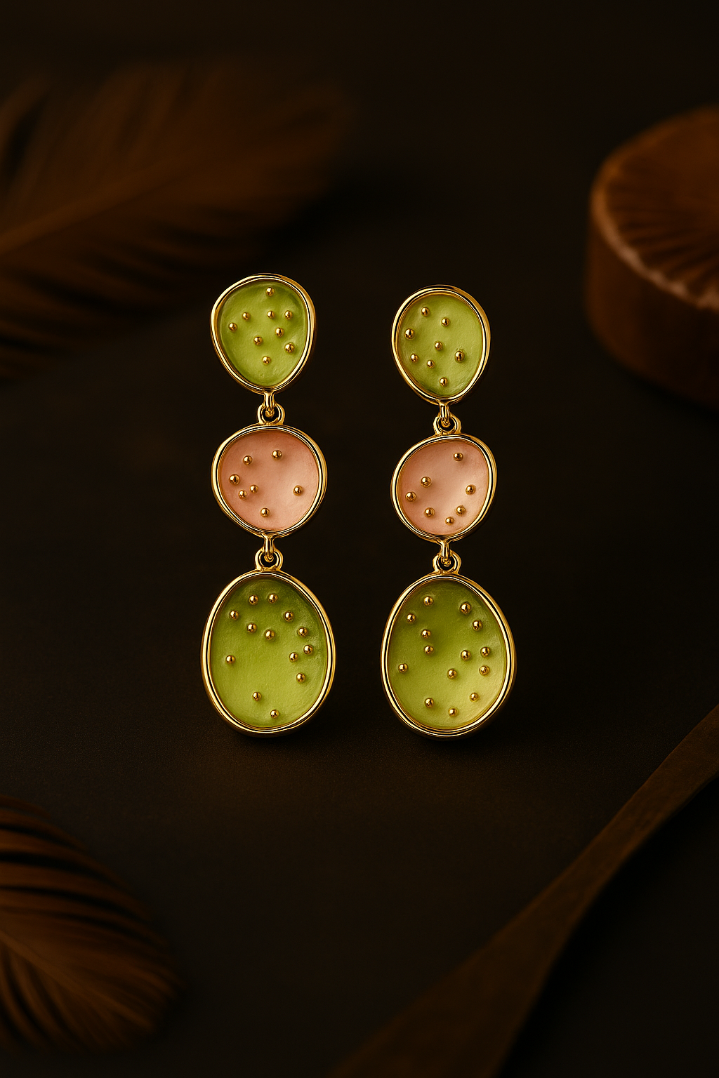 Meena enamel earrings in pastel green and pink – gold-plated long drop earrings for festive wear