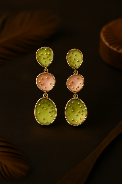 Meena enamel earrings in pastel green and pink – gold-plated long drop earrings for festive wear