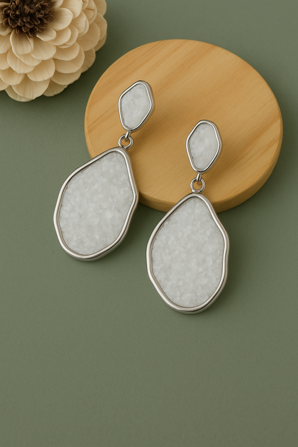 Minimalist anti-tarnish drop earrings with white textured stone and silver-tone metal frame – chic everyday jewelry