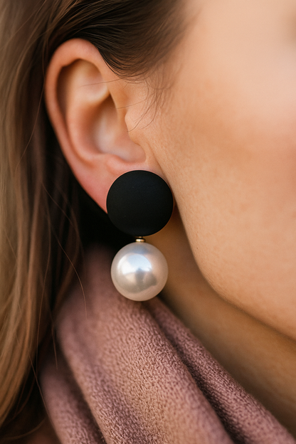 Minimalist black top and white pearl drop earrings – trendy fashion studs for casual and formal wear