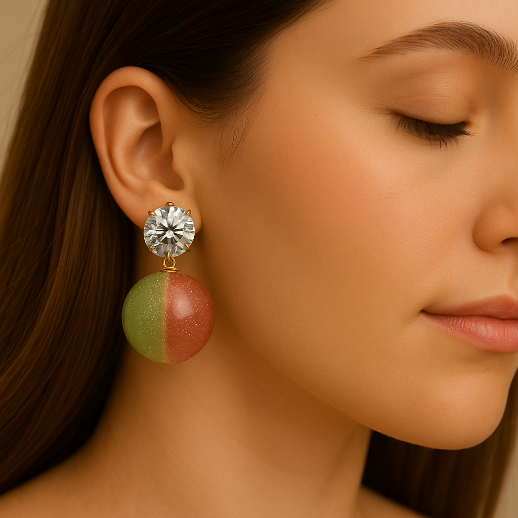 Modern Bi-Color Sphere Drop Earrings with Gold Finish and CZ