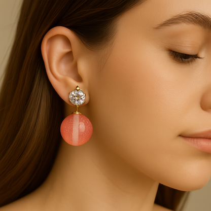 Modern Glittery Pink Drop Earrings with Gold Finish and CZ