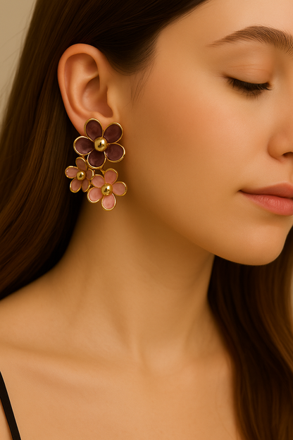 Modern floral cluster earrings in deep purple, light pink, and warm beige, perfect for women