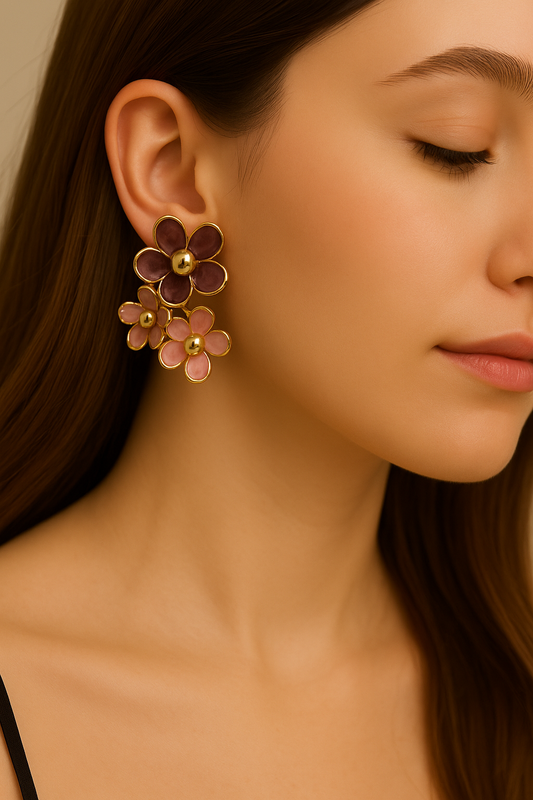 Modern floral cluster earrings in deep purple, light pink, and warm beige, perfect for women